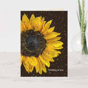 yellow sunflower with raindrops thinking of you card