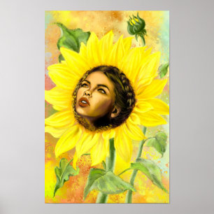 Yellow Sunflower Woman Poster