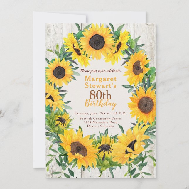 Yellow Sunflower Wreath 80th Birthday Invitation (Front)