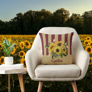 Yellow Sunflowers and Burgundy and Gold Striped Cushion