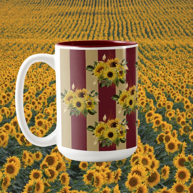 Yellow Sunflowers and Burgundy and Gold Stripes Two-Tone Coffee Mug (Creator Uploaded)