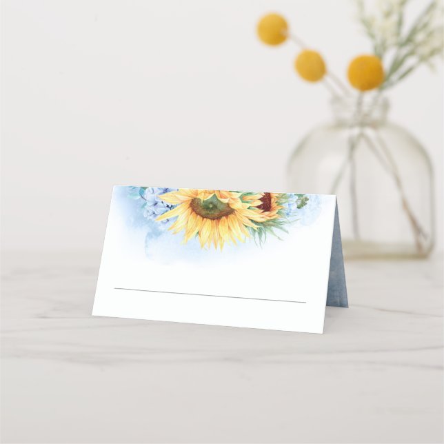 Yellow Sunflowers and Dusty Blue Hydrangea Wedding Place Card (Front)