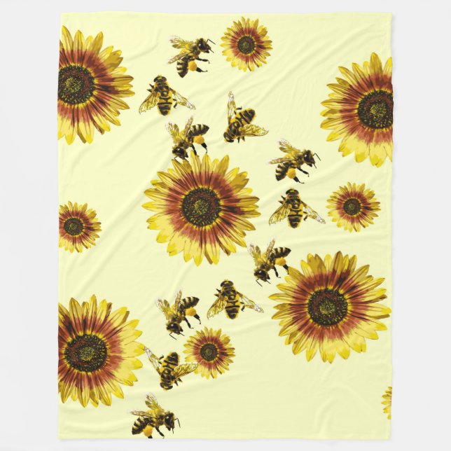 Yellow Sunflowers and Honey Bees Summer Pattern Fleece Blanket (Front)