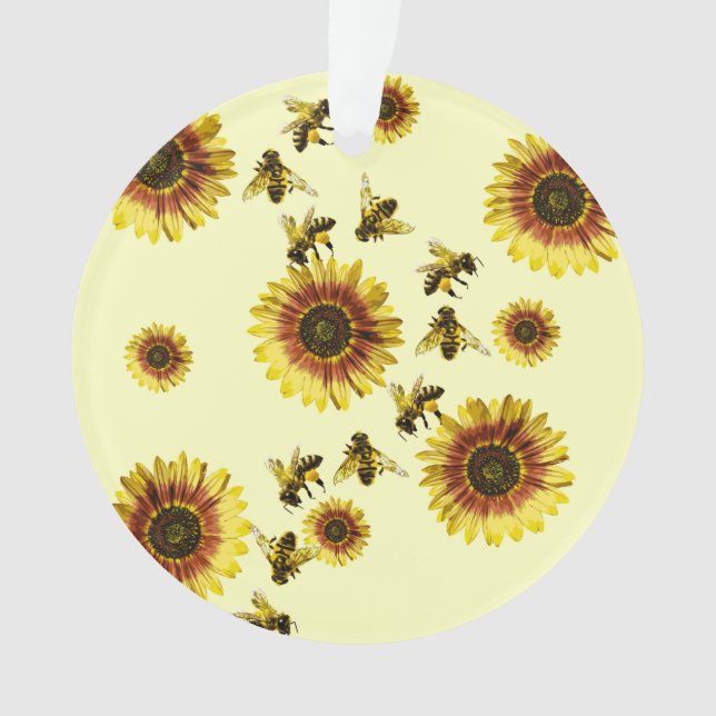 Yellow Sunflowers and Honey Bees Summer Pattern Ornament (Front)