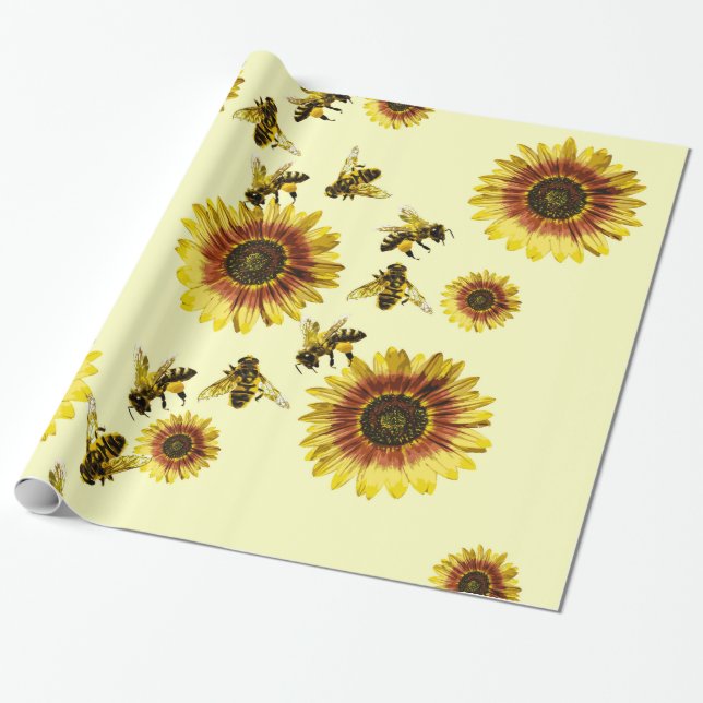 Yellow Sunflowers and Honey Bees Summer Pattern Wrapping Paper (Unrolled)