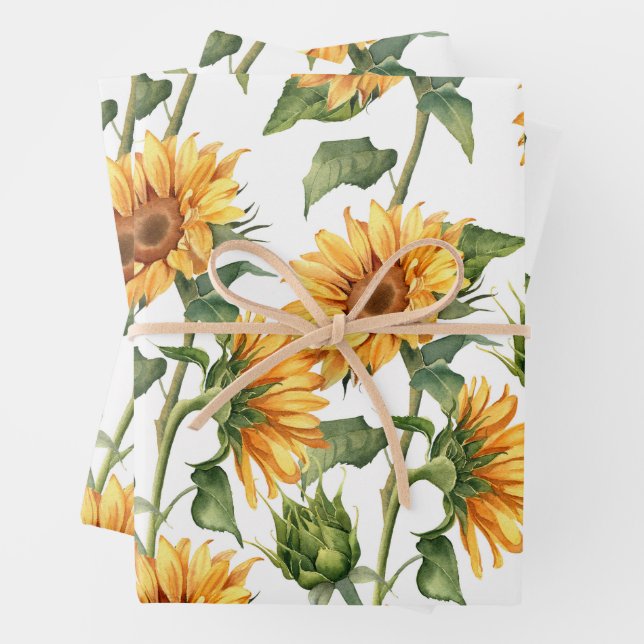 Yellow Sunflowers and Leaves Watercolor Garden  Wrapping Paper Sheet (In situ)