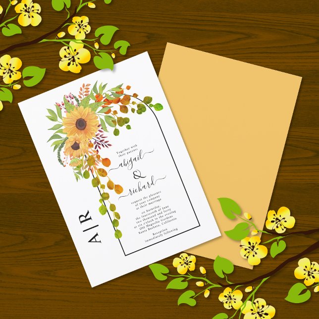 Yellow sunflowers, arch and initials fall wedding invitation (Creator Uploaded)