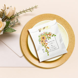 Yellow sunflowers, arch and monogram fall wedding favour bags