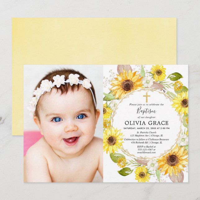 Yellow sunflowers baptism floral watercolor photo invitation (Front/Back)