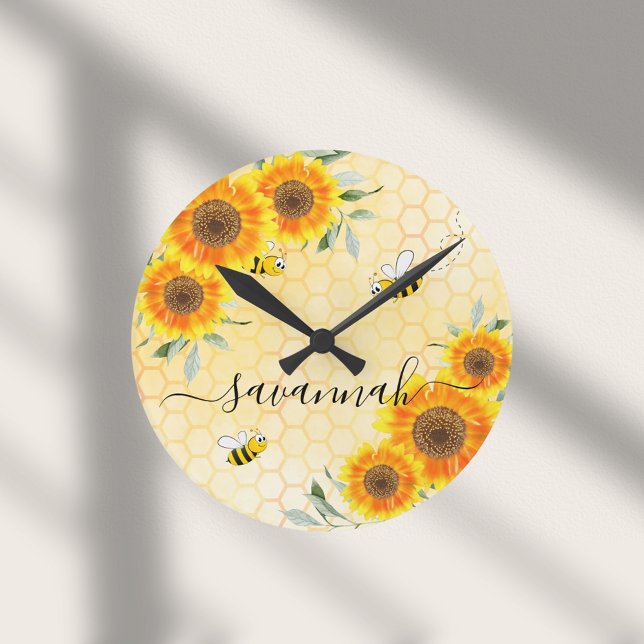 Yellow sunflowers bees rustic monogram script round clock (Creator Uploaded)