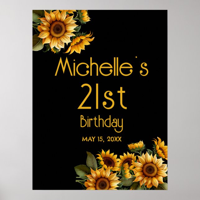 Yellow Sunflowers Black 21st Birthday Poster (Front)