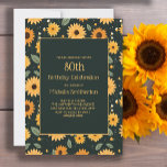 Yellow Sunflowers Black 80th Birthday  Invitation<br><div class="desc">Cute yellow sunflowers on black 80th birthday party invitation for women. Personalise by adding the name of the guest of honour,  her age,  and her party information. Contact us for help with customisation or to request matching products.</div>