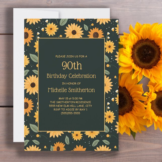 Yellow Sunflowers Black 90th Birthday  Invitation (Cute sunflowers on black 90th birthday party invitation for women. Customizable with your text.)