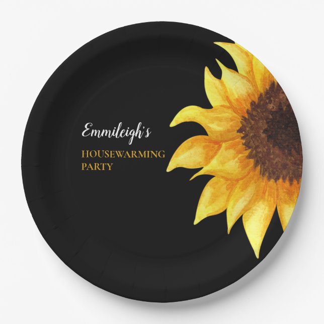 Yellow Sunflowers Black Housewarming Party  Paper Plate (Front)