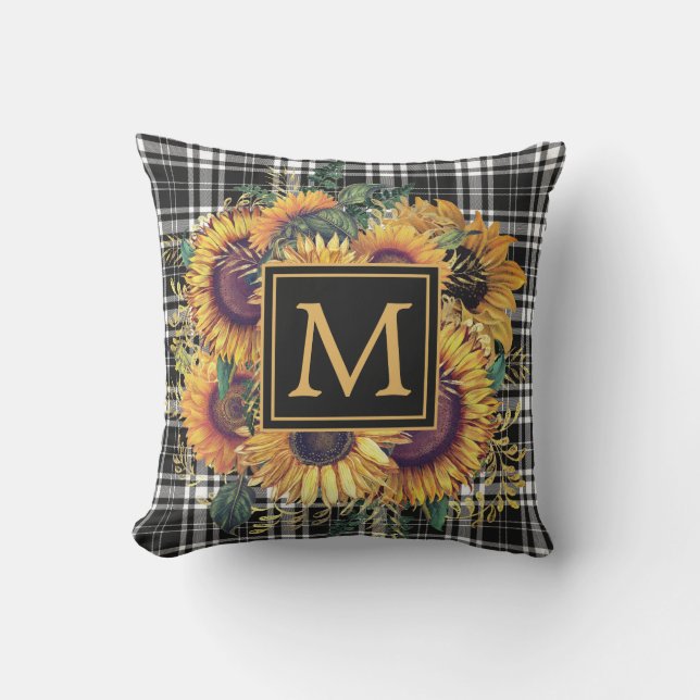 Yellow Sunflowers Black White Plaid Monogram  Cushion (Front)