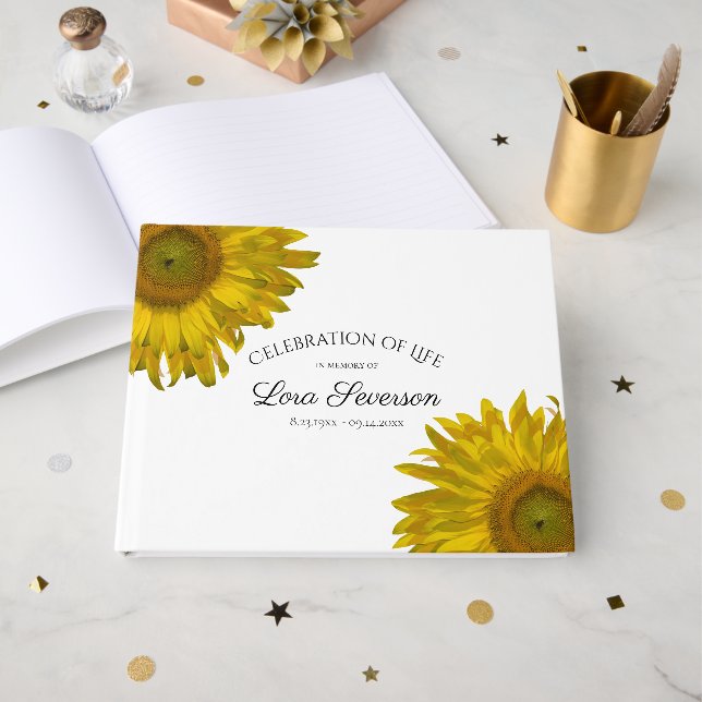 Yellow Sunflowers Celebration of Life Memorial Guest Book (Front Open)