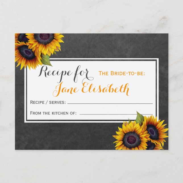 Yellow sunflowers chic bride to be recipe card (Front)