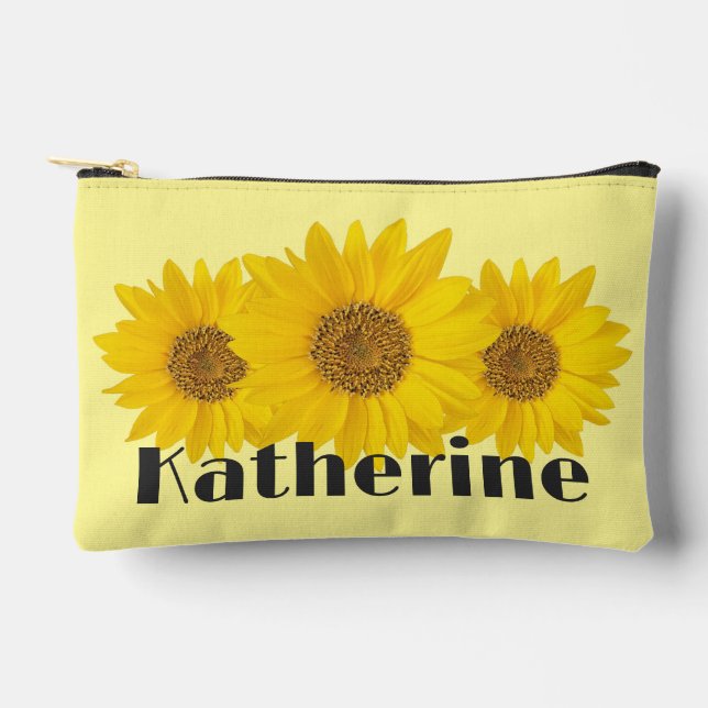 Yellow Sunflowers Custom Name Accessory Pouch (Front)