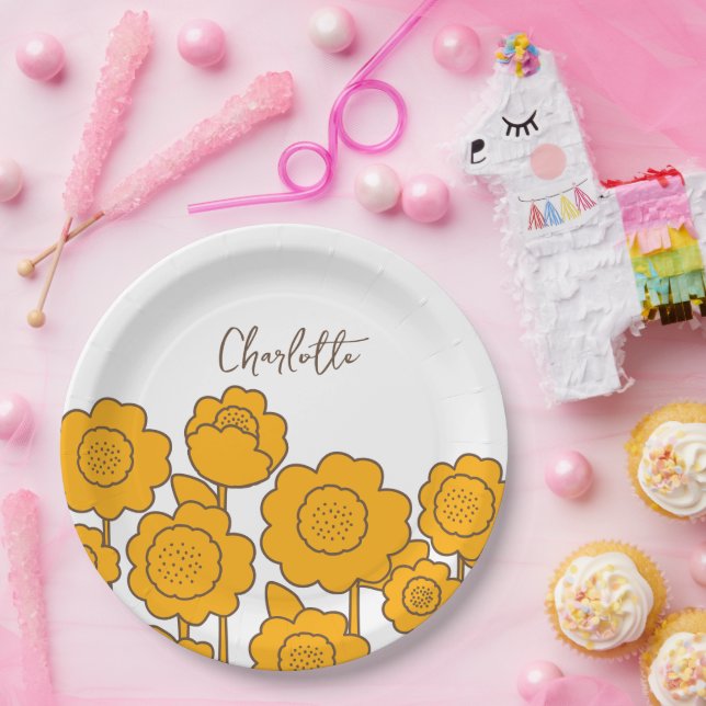  Yellow Sunflowers Customisable Name     Paper Plate (Party)