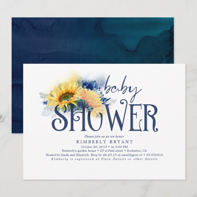 Yellow Sunflowers Elegant Navy Blue Baby Shower Invitation (Front/Back)