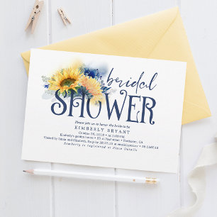 Yellow Sunflowers Elegant Navy Blue Bridal Shower Invitation
