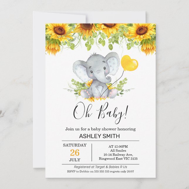 Yellow Sunflowers Elephant Baby Shower Invitation (Front)