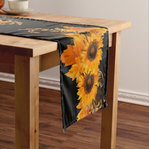 Yellow Sunflowers Fall Harvest on Black Short Table Runner