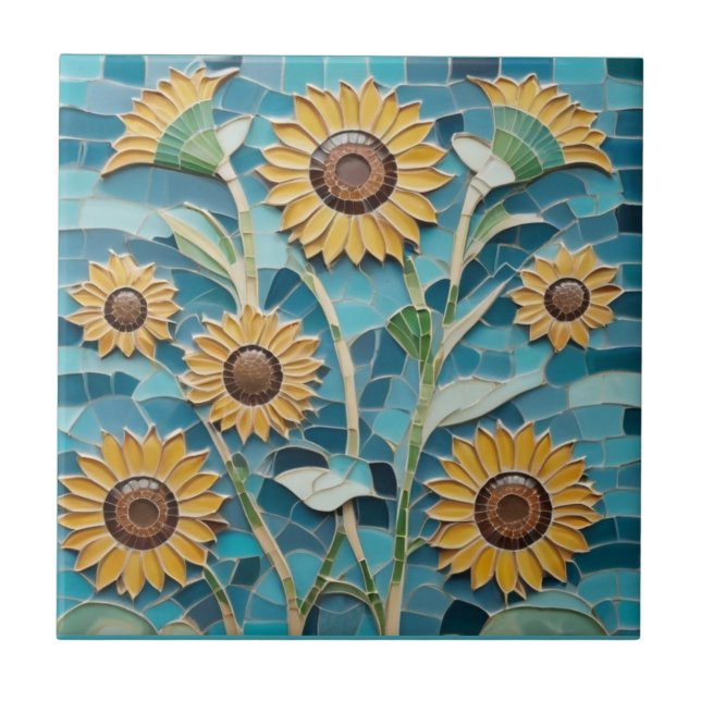 Yellow Sunflowers Faux Mosaic Aqua Blue Tile (Front)