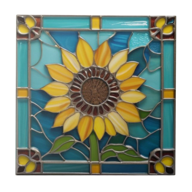 Yellow Sunflowers Faux Stained Glass Aqua Blue Tile (Front)