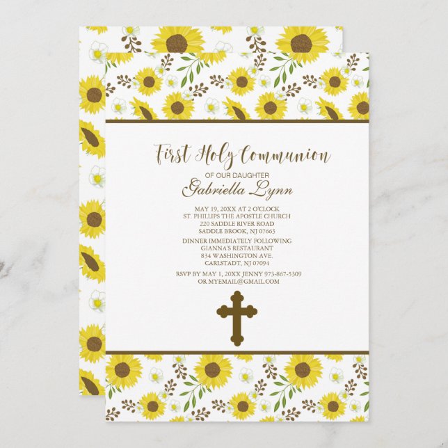 Yellow Sunflowers First Holy Communion Invitation (Front/Back)