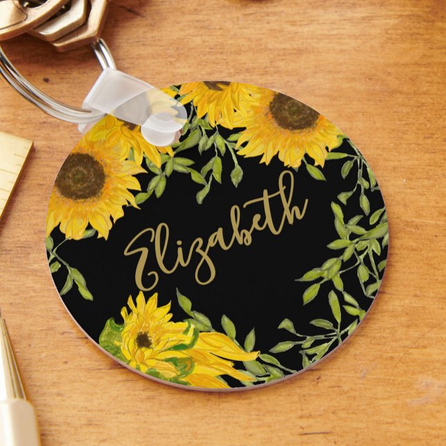 Yellow Sunflowers Floral custom name black Key Ring (Creator Uploaded)