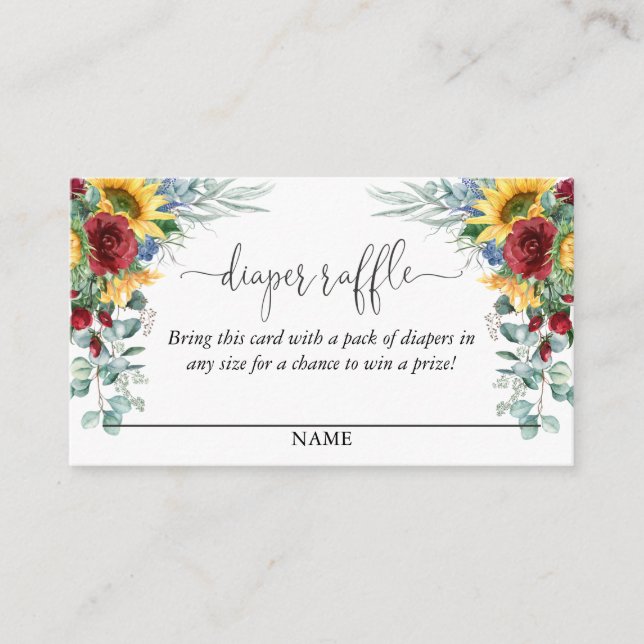 Yellow Sunflowers Floral Diaper Raffle Script Text Enclosure Card (Front)