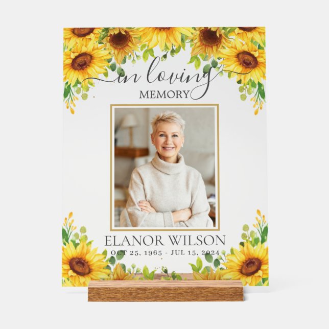 Yellow Sunflowers Funeral Memorial Picture Photo Acrylic Sign (Front)