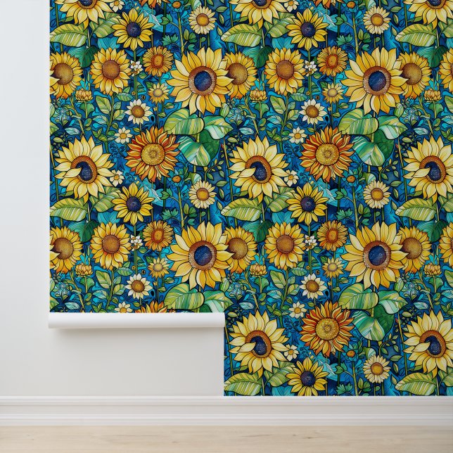 Yellow sunflowers, green leaves, Klimt vibe Wallpaper (Application)
