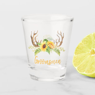 Yellow Sunflowers Greenery Antlers Groomsman Shot Glass