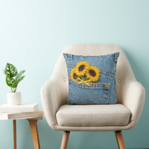 Yellow Sunflowers in Blue Jean Pocket Cushion