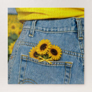 Yellow Sunflowers in Blue Jean Pocket Jigsaw Puzzle
