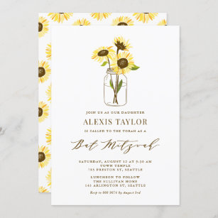 Yellow Sunflowers in Mason Jar Bat Mitzvah Invitation