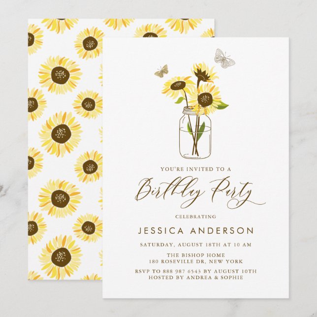 Yellow Sunflowers in Mason Jar Birthday Party Invitation (Front/Back)