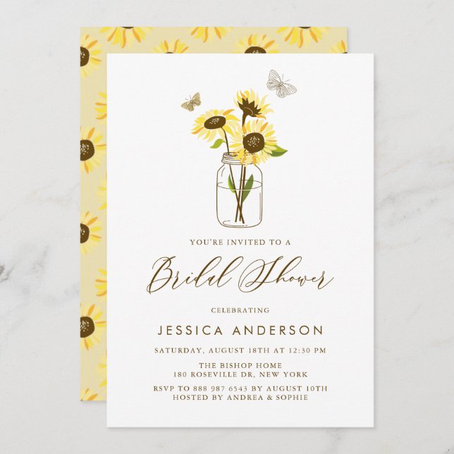 Yellow Sunflowers in Mason Jar Bridal Shower Invitation (Front/Back)