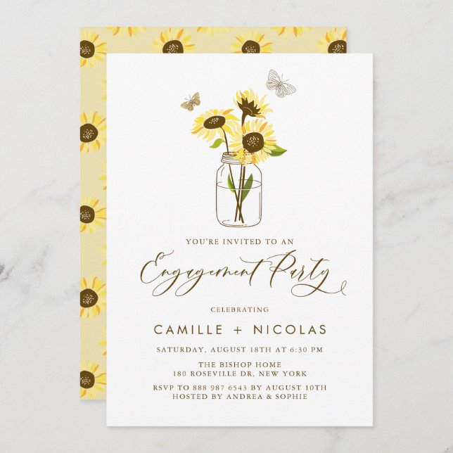 Yellow Sunflowers in Mason Jar Engagement Party Invitation (Front/Back)