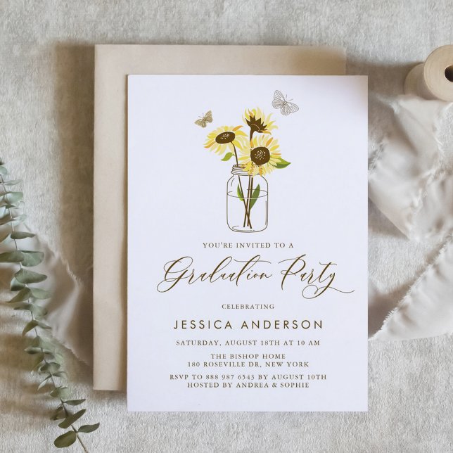 Yellow Sunflowers in Mason Jar Graduation Party Invitation (Customizable rustic graduation invitation featuring sunflowers in a mason jar.)