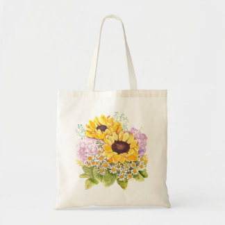yellow sunflowers magenta hydrangea white daisy tote bag