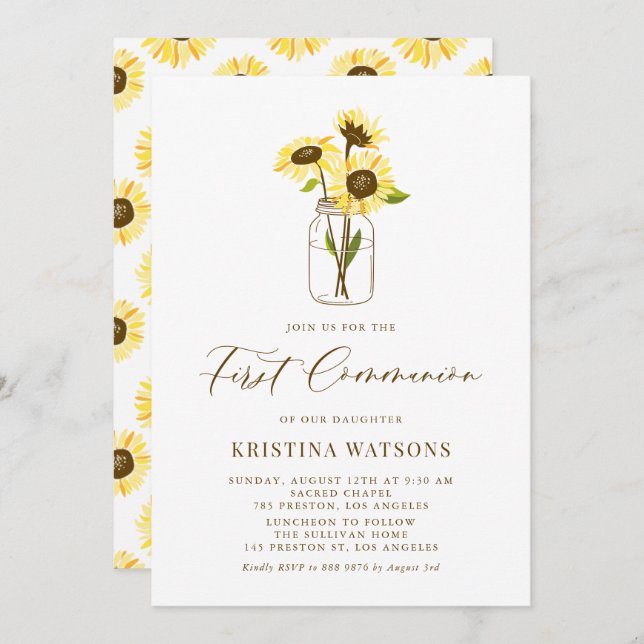 Yellow Sunflowers Mason Jar First Holy Communion Invitation (Front/Back)