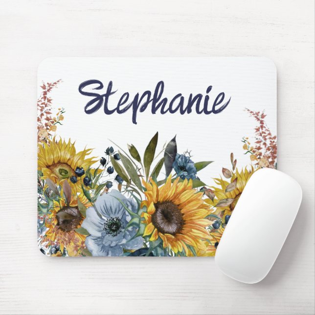 Yellow Sunflowers Navy Blue Floral Name  Mouse Pad (With Mouse)