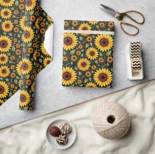 Yellow Sunflowers On Black Wrapping Paper