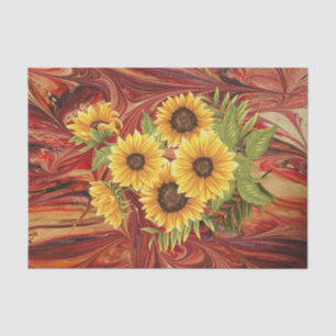 Yellow Sunflowers on Red Marble Decoupage Tissue P Paper
