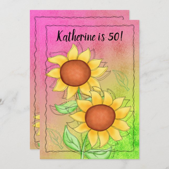 Yellow Sunflowers on Textured Pink Green Floral Invitation (Front/Back)