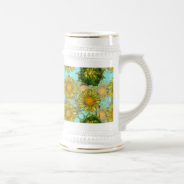 Yellow Sunflowers Pattern with Foliage and Buds    Beer Stein (Right)