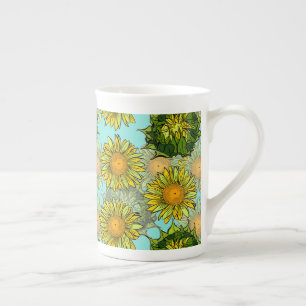 Yellow Sunflowers Pattern with Foliage and Buds Bone China Mug